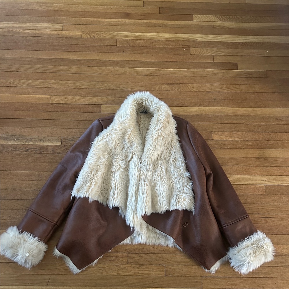 Scoop NYC Brown Faux-Leather Jacket with Cream Faux-Shearling Trim